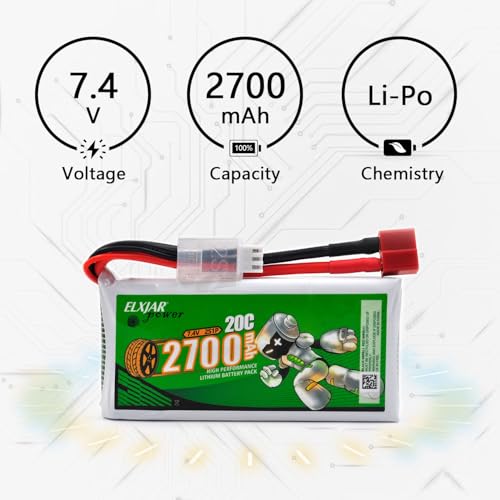 (2-Pack) 7.4V 2700mAh 20C Li-Po Battery for WLTOYS 12428, 12423, 12429 | 2S battery with T-Plug for compatible 1/12 RC cars; includes 2 balance chargers for convenient simultaneous charging.
