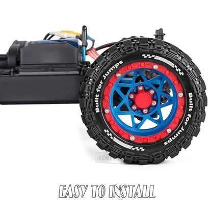 RC Truck Wheel and Tires for 1/16 SUMMIT E-REVO GORGON GROM MINI KRATON M-J-X H-B-X S-C-Y RC Car,Monster Truck Car Wheel Tires w/Plastic Wheels Rim,Soft Tire Highway Wheels (4PCS),Navy Blue Red - color: Navy Blue-red(rc Wheels Tires)