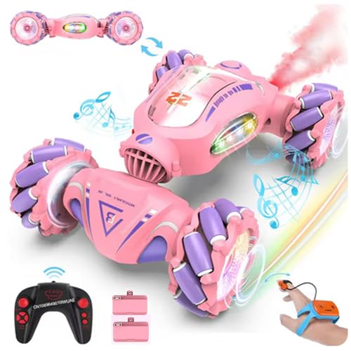 RC Stunt Car, 2.4GHz 4WD Gesture Sensing Remote Control Car, RC Twist Cars with Spary & Light & Music, Double-Sided 360° Rotating (Pink)