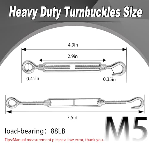 6 PCS M5 Hook and Eye Turnbuckles for Cables Wire Rope Tension | Made of 304 Stainless Steel, Corrosion Resistant & Easy to Use,88lbs Rated,Industrial Shade Sail Rigging - size: 6PCS-M5-OC