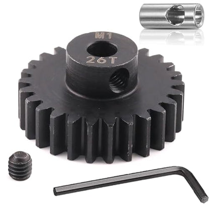 Steel Mod1 5mm Pinion Gear 1PCS, 11-28 M1 Pinion Gear Metal Hardened Steel Fit 5mm RC Motor Shaft with 3.175mm Coupler Compatible with 1/5 1/6 1/8 1/10 1/14 RC Brushless Brush Motor (26T) - size: 26T