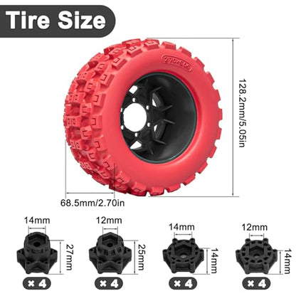 LRFHL MX28 F/R 2.8" RC Monster Truck Tires and Wheels 4PCS, Red | 12mm/14mm Hex Adapter, 1/10 RC Monster Truck, Compatible with Traxxas Stampede Rustler Redcat Arrma Vorteks Big Rock Granite - color: Red Tires+ Black Hex Wheel-1