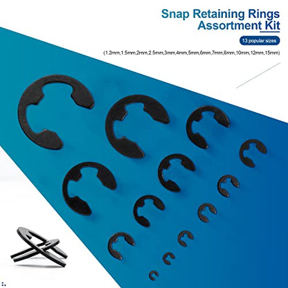 NINDEJIN 395PCS Retaining Rings E-Clip Assortment Set, 13 Sizes, Carbon Steel External Snap Ring, E-Clips Retainer Circlip Rings for Projects - Gears Pulleys Axles Shafts and Other Moving Parts | Carbon Steel, External Snap Ring, C-clip Ring, for Projects