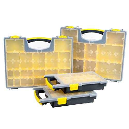 Stalwart Storage Organizer Tool Box Set, Yellow/Black, Set of 4 | Plastic Clear Top Bins for Small Parts, Crafting Supplies, and Hardware Organizers with 3 Sizes of Compartments
