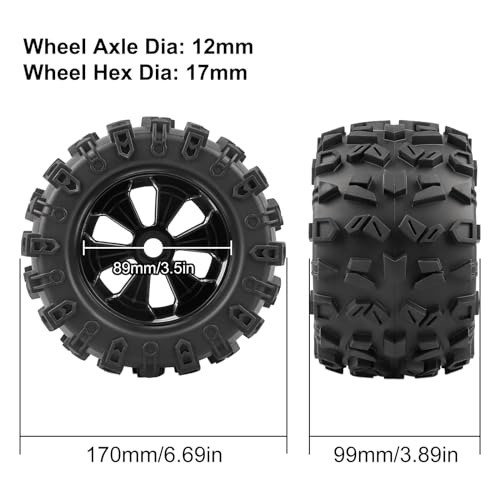 4-Pack 1/8 Monster Truck Tires 3.8 Tires Mounted 17mm Hex Solid 6-Spoke Wheels OD 170mm for 1/8 Arrma 6S Traxxas Summit ERveo Redcat HPI JLB Cheetah RC Off-Road Car (Front and Rear)