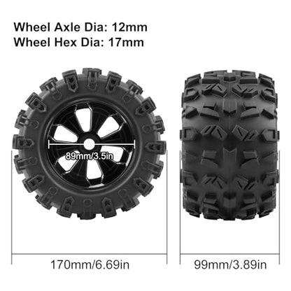 4-Pack 1/8 Monster Truck Tires 3.8 Tires Mounted 17mm Hex Solid 6-Spoke Wheels OD 170mm for 1/8 Arrma 6S Traxxas Summit ERveo Redcat HPI JLB Cheetah RC Off-Road Car (Front and Rear)