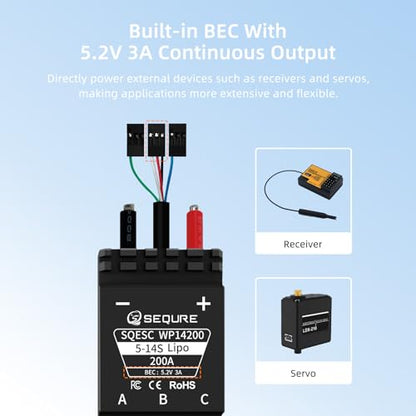WP14200 IP68 Waterproof 200A Brushless ESC | AM32 Firmware, 5-14S, Built-in 5.2V 3A BEC for eFoil and Underwater Thruster, RC Crawler, Drone, Helicopters (C Version) - size: C