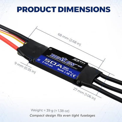 ZTW Beatles G2 50A ESC 2-4S Built-in Switching BEC 5V/6V 4A Brushless Speed Control for RC Airplane Aircraft Fixed-Wing - size: 50A