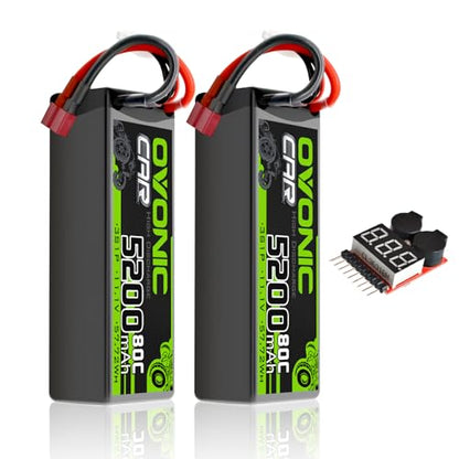 OVONIC Lipo Battery 11.1V 80C 5200mAh 3S Battery with Dean-Style T Plug Hardcase Battery for RC Car Boat Truck Helicopter Airplane Racing Models(2 Packs)(with Lipo Voltage Checker)