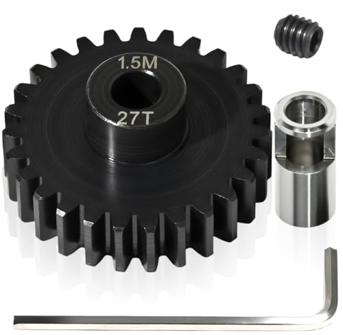 M1.5 27T Pinion Gear 8mm Bore with 8mm to 5mm Shaft Adapter Sleeve, Chromium Steel Motor Gear with Set Screw & Hex Key for Traxxas ARRMA Losi 1/5 1/8 RC Cars - size: 27T