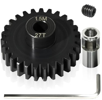 M1.5 27T Pinion Gear 8mm Bore with 8mm to 5mm Shaft Adapter Sleeve, Chromium Steel Motor Gear with Set Screw & Hex Key for Traxxas ARRMA Losi 1/5 1/8 RC Cars - size: 27T