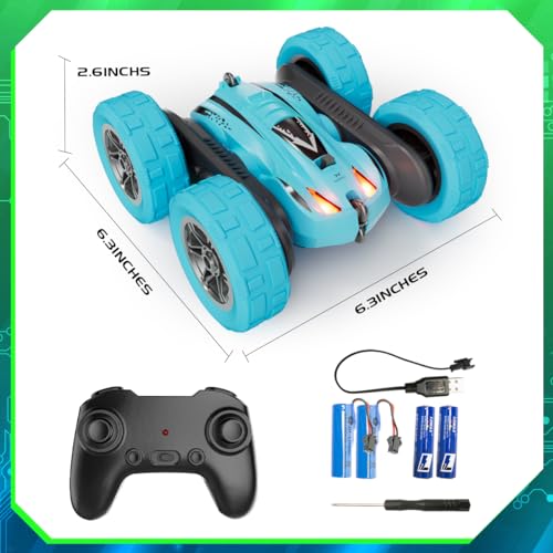 Remote Control Car, 4WD 2.4GHz Double-Sided RC Stunt Car, 360° Rotating Electric Rechargeable Toy Car with LED Lights, Gift for Boys Girls Ages 6+(Blue)