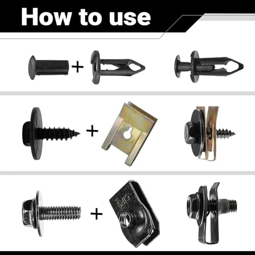 100 PCS Car Body Screws and Bolts, Splash Shield Retainer U-Nuts Kit, Bumper Fender Screws Bolts Set, Universal Engine Chassis Nut/Body Clamp, for Most Cars (Black)