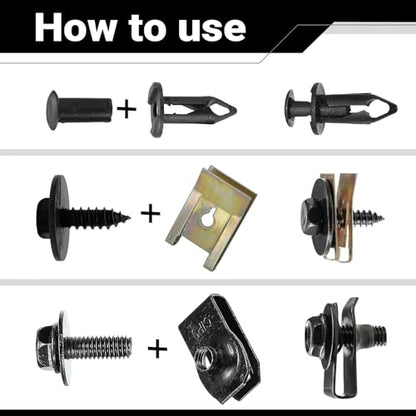 100 PCS Car Body Screws and Bolts, Splash Shield Retainer U-Nuts Kit, Bumper Fender Screws Bolts Set, Universal Engine Chassis Nut/Body Clamp, for Most Cars (Black)