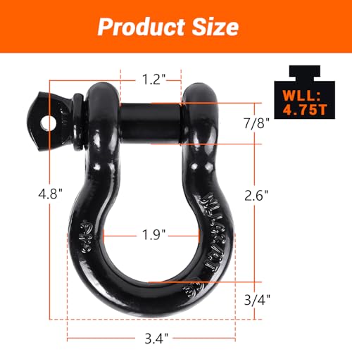 Ohuhu D Ring Shackles 3/4", Heavy Duty Steel Shackles 2 Pack | 7/8" Pin for Universal Fit, 20 Ton (44,000 lbs) Maximum Break Strength, 4.75 Ton (9,500 Lbs) Capacity Working Load Limited