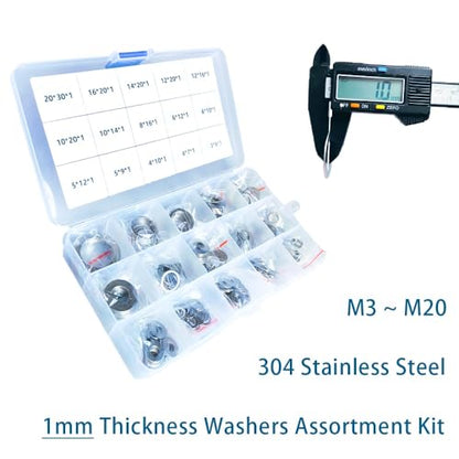 320pcs Flat Washer Assortment Kit, 15 Different Sizes Shim Washers M3~M20, Thick = 1mm, 304 Stainless Steel Thin Gasket for Bolt Screws(Thick 1mm Kit) - size: Thick 1mm Kit