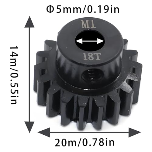 Steel Mod1 5mm Pinion Gear 1PCS, 11-28T M1 Pinion Gear Metal Hardened Steel Fit 5mm RC Motor Shaft with 3.175mm Coupler Compatible with 1/5 1/6 1/8 1/10 1/14 RC Brushless Brush Motor (18T) - size: 18T