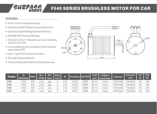 Surpass Hobby Waterproof F540 4370KV Brushless Motor Combo, 3650 Brushless Motor with 45A ESC Combo Set for 1/10 Scale RC Toys Indispensable Accessory for Modification Enthusiasts