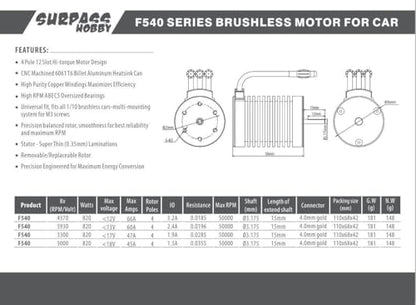 Surpass Hobby Waterproof F540 4370KV Brushless Motor Combo, 3650 Brushless Motor with 45A ESC Combo Set for 1/10 Scale RC Toys Indispensable Accessory for Modification Enthusiasts