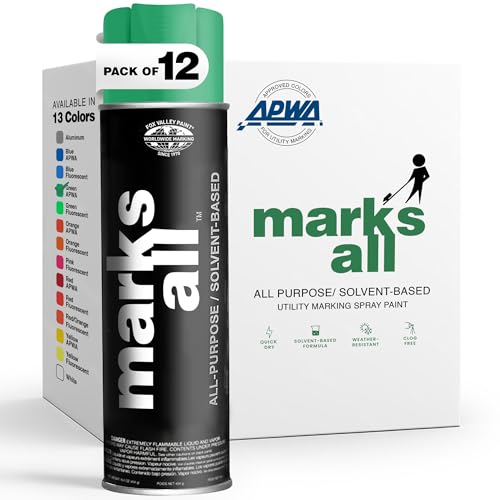 Fox Valley 18oz Marks All Solvent-Based Marking Paint Spray, 12-Pack Green APWA – Long-Lasting, Weather-Resistant Spray Paint for Wet or Dry Surfaces Like Metal, Grass, Concrete, Wood, & More - color: Green APWA