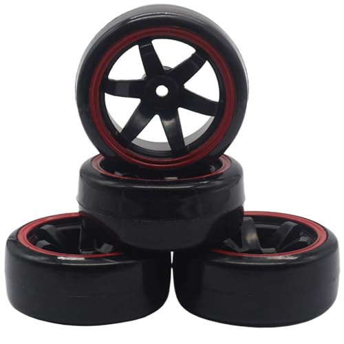 4PCS 1/10 RC Drift Car Tires Smooth Hard Tyre Plastic Wheel Rims Set Replacement for HSP Tamiya HPI Kyosho On-Road Drifting Car(Black/Red) - color: Black/Red