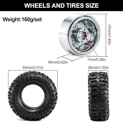 1.3" Beadlock Wheels and Tires 64mm (2.52in) for SCX24 TRX4M 1/18 1/24 RC Crawlers – Aluminum Rims, Rubber Tires with Foam Inserts, Easy-Install Upgrade Parts (Titanium) - color: Titanium 311