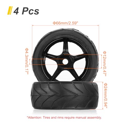 uxcell 4-Pair High-Grip RC Car Tire & Wheel Set for 1/10 Scale On-Road Touring Cars - Soft Rubber Tyres with 12mm Hubs, Black, Type K