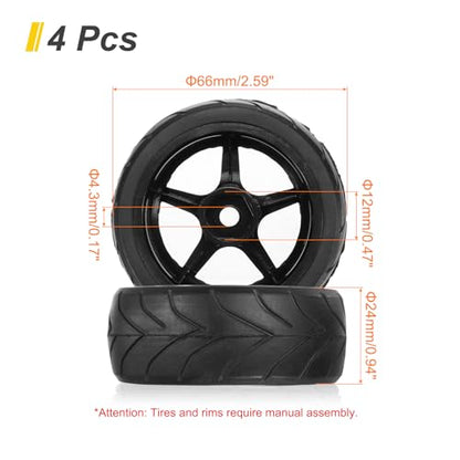 uxcell 4-Pair High-Grip RC Car Tire & Wheel Set for 1/10 Scale On-Road Touring Cars - Soft Rubber Tyres with 12mm Hubs, Black, Type K