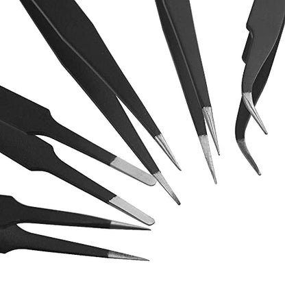 10PCS Precision Tweezers Set Anti-Static Industrial Tweezers Set Stainless Steel Tweezers Kit for Electronics Lab Jewelry and Craft Making（Black） - size: 10Pack