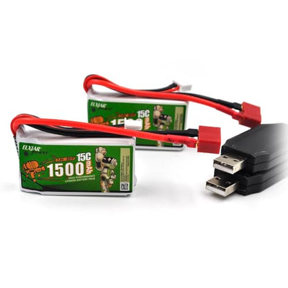 (2-Pack) 7.4V 1500mAh Battery for WLTOYS A959-B, A969-B, A979-B | Fits K929-B, 144001, 12401, 9200, 9200E, 300E, YC200 and HM123 RC vehicles; T-head connector and 2 USB chargers.
