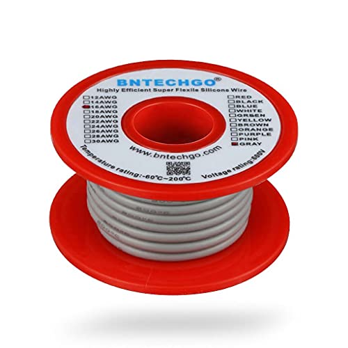 BNTECHGO 16 Gauge Silicone Wire Gray 25ft Stranded Tinned Copper Wire | Flexible 16 AWG Stranded Wire Silicone Rubber Insulation For RC Models, Drone, Robot, Battery, EV Charger, 3D Printer, DIY - color: 16 gauge silicone wire gray, size: silicone wire 25