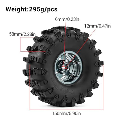 2.2" Beadlock Wheels and Tires 150mm (5.91in) for SCX10 RBX10 Wraith TRX4 1/10 RC Crawler Upgrade Parts (Titanium, 4pcs) - color: Titanium 2