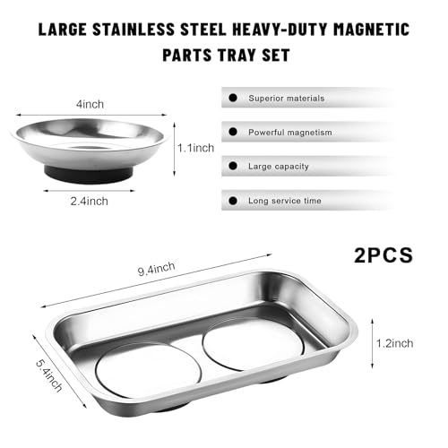 Sun Walker 2 PCS Magnetic Tray Holders, Stainless Steel Tray Set with Strong Magnet, Heavy Duty Thickened Magnetic Trays for Screws Bolts Nuts Washers Pins (9.4"×5.4" Square+4" Round) - color: 9.4"×5.4" Square+4" Round