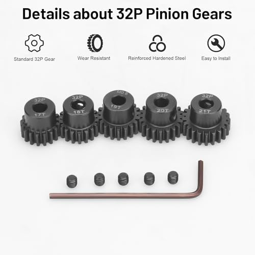 32P 5mm Pinion Motor Gear Sets, daitoku 5PCS RC Pinion Gears 17T 18T 19T 20T 21T for HPI Kyosho Losi Axial Tamiya 1/8 1/10 RC Car - size: 32P 17T 18T 19T 20T 21T
