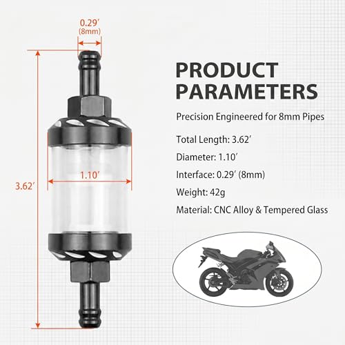 1 PC Motorcycle Fuel Filter, Metal Alloy Clear Tempered Glass Inline Filter, Washable Universal Gas Filter, Universal for Most Cars, Trucks, SUVs (Black)