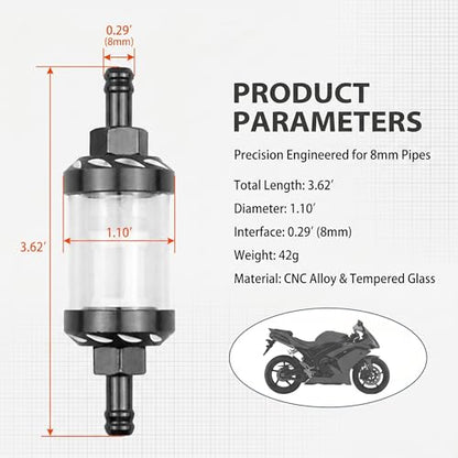 1 PC Motorcycle Fuel Filter, Metal Alloy Clear Tempered Glass Inline Filter, Washable Universal Gas Filter, Universal for Most Cars, Trucks, SUVs (Black)