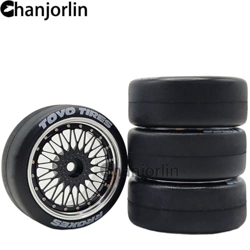 1/10 RC Drift Smooth Tires OD 2.56" & Aluminum Wheels 12mm Hex Hard Drift Racing Tyres for 1:10 1/12 Rally Street On Road Touring Car TT01 TT02 XV02 XV01 TA06 KYOSHO PTG2 4PCS (Black) - color: Black