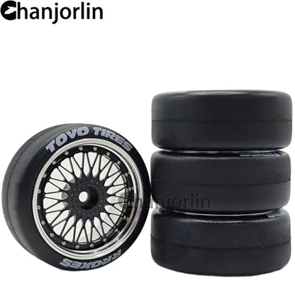 1/10 RC Drift Smooth Tires OD 2.56" & Aluminum Wheels 12mm Hex Hard Drift Racing Tyres for 1:10 1/12 Rally Street On Road Touring Car TT01 TT02 XV02 XV01 TA06 KYOSHO PTG2 4PCS (Black) - color: Black