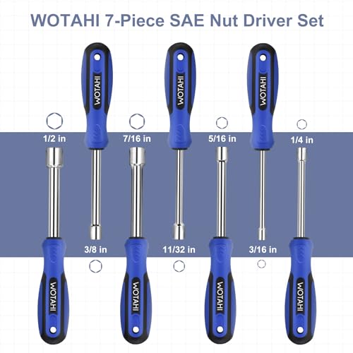 7-Piece SAE Nut Driver Set - 3/16, 1/4, 5/16, 11/32, 3/8, 7/16, 1/2 Inch Hex Nut Driver Set, 3.5 Inch (1 Inch Hollow, 2.5 Inch Solid) Shaft Nut Driver