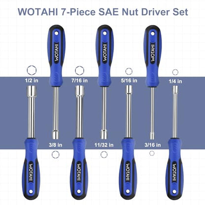 7-Piece SAE Nut Driver Set | 3/16, 1/4, 5/16, 11/32, 3/8, 7/16, 1/2 Inch Hex Nut Driver Set, 3.5 Inch (1 Inch Hollow, 2.5 Inch Solid) Shaft Nut Driver