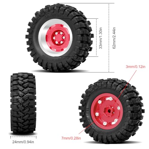 OGRC 1.3 Beadlock Wheel Tires -4mm Offset Wheels for 1/24 1/18 SCX24 TRX4M | Aluminum, 7mm Hex, Sticky Compound Rubber, for TRX4M AX24 FCX24 RC Carwler Car, Red - color: Red