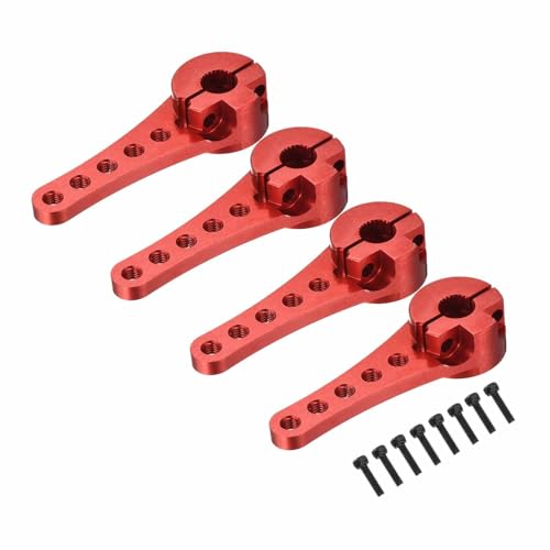 MECCANIXITY 4 Pcs Aluminum Servo Horn Long 25T 25 Teeth Steering Arm 46mm Length Red for DIY RC Car/Boat/Airplanes Boat Model with 2 Pcs Screws - color: Red