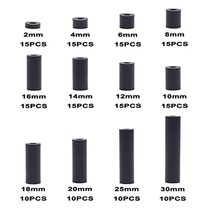 Metric OD 7mm ID 3.2mm Plastic Unthreaded Spacers(2mm to 30 mm) Assortment Kit for M3 Screws;Clearance Spacers;Round Spacers(Black) - size: OD 7mm ID 3.2mm
