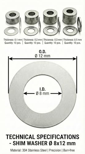 Shim Washers Stainless Steel 8x12 Precision Spacer Kit for Bearings Gearboxes CNC and RC Tuning Assortment 40 Pieces 10 Units x 0.1/0.2/0.3/0.5 mm Deburred Flat Tight Tolerance Professional Use - size: 8x12