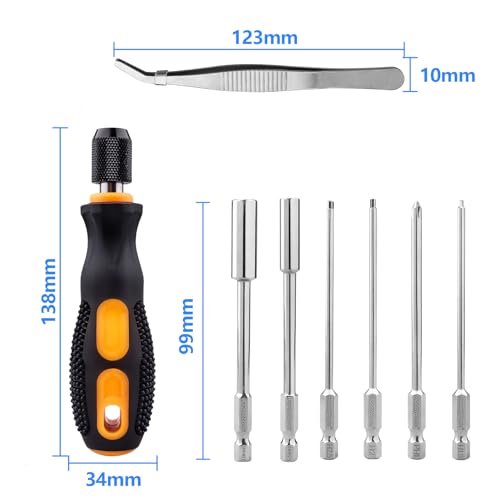 HobbyPark RC Hex Drivers Tool Set with Screw Tray, 1/4 Hex Shank Allen Wrench Bits 1.5mm 2.0mm 2.5mm, 7mm Nut Driver, Phillips Bit and Aluminum Tray with Scale