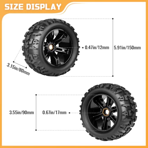 Preglued 1/8 Monster Truck Ties and Wheels OD 5.9" 17mm Hex MT Tires Wheels Set fit Traxxas Maxx E-Revo 2.0 3.3 Summit Revo 3.3 Arrma Kraton Outcast 4-6S Brushless Power