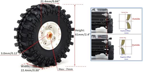 Brass 1.0 Beadlock Wheels and Tires 61mm Tall, Adjustable Offset 1'' Rims Tyre for RC Mud Crawler 1/18 TRX4M 1/24 SCX24 Upgrades, HS701455 - color: White