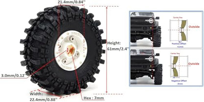 Brass 1.0 Beadlock Wheels and Tires 61mm Tall, Adjustable Offset 1'' Rims Tyre for RC Mud Crawler 1/18 TRX4M 1/24 SCX24 Upgrades, HS701455 - color: White