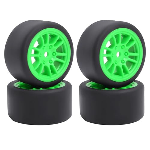 4PCS Pre-Mounted On-Road Drift Racing Smooth Rubber Tires and Wheel Rims Set 7MM Hex for 1/28 Losi Micro-T WL244016 RC Car Upgrades Parts (Green) - color: Green