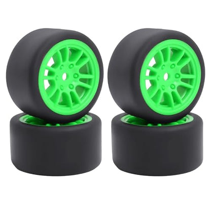 4PCS Pre-Mounted On-Road Drift Racing Smooth Rubber Tires and Wheel Rims Set 7MM Hex for 1/28 Losi Micro-T WL244016 RC Car Upgrades Parts (Green) - color: Green